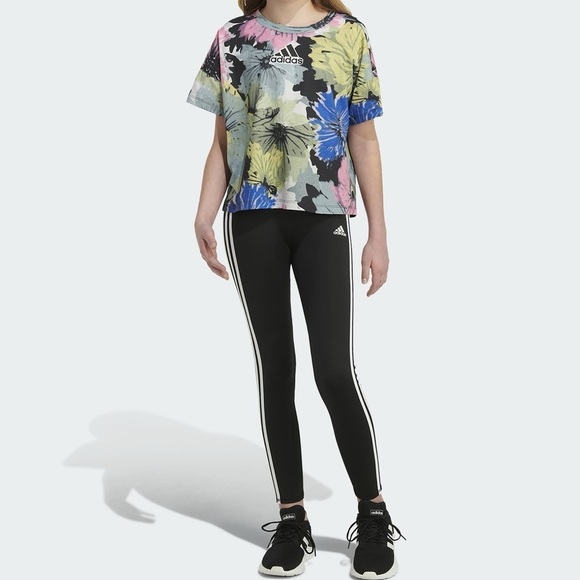 Adidas Floral Crop Top Loose Fit‎ T Shirt Colorful Girls Size Large 14 Hibiscus - Picture 2 of 7
